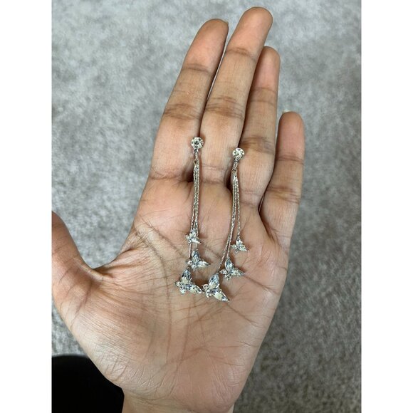 Silver butterfly earrings ,long clear rhinestone fringe chain gold bride earring - Picture 2 of 8